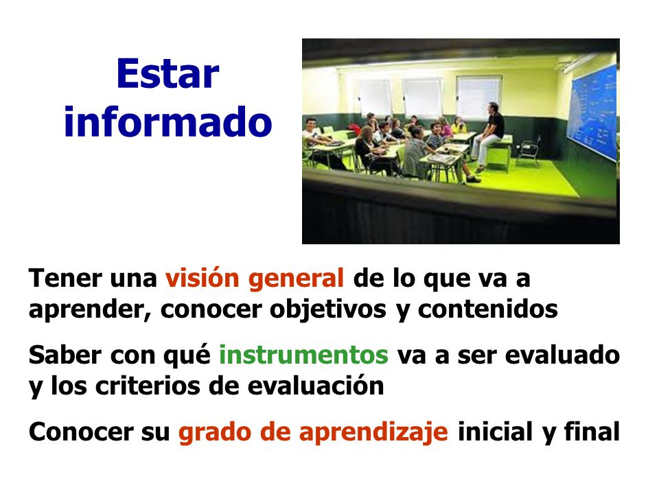 Estar informado Tener una visión general de lo que va a aprender, conocer objetivos y contenidos.