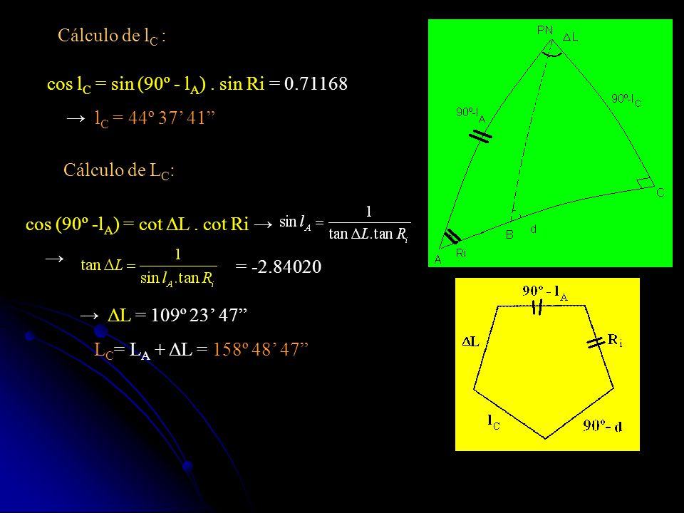 Cálculo de lC : cos lC = sin (90º - lA) . sin Ri = → lC = 44º 37’ 41 Cálculo de LC: cos (90º -lA) = cot ΔL . cot Ri →