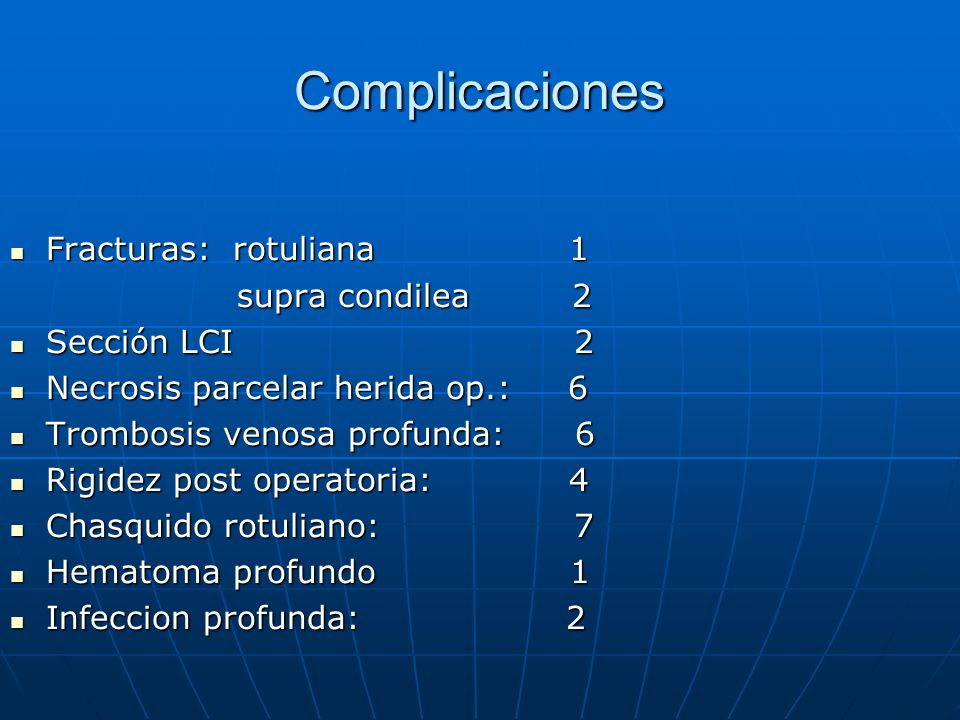 Complicaciones Fracturas: rotuliana 1 supra condilea 2 Sección LCI 2