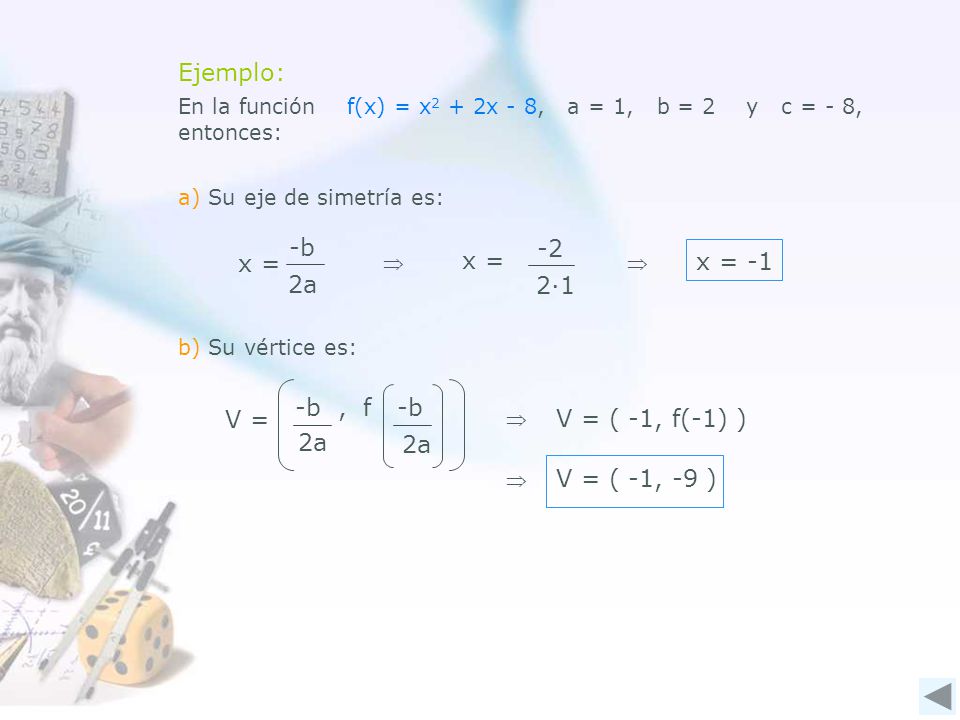 Ejemplo: -b -2 x = x = x = -1 2a 2·1 -b , f -b V = V = ( -1, f(-1) )