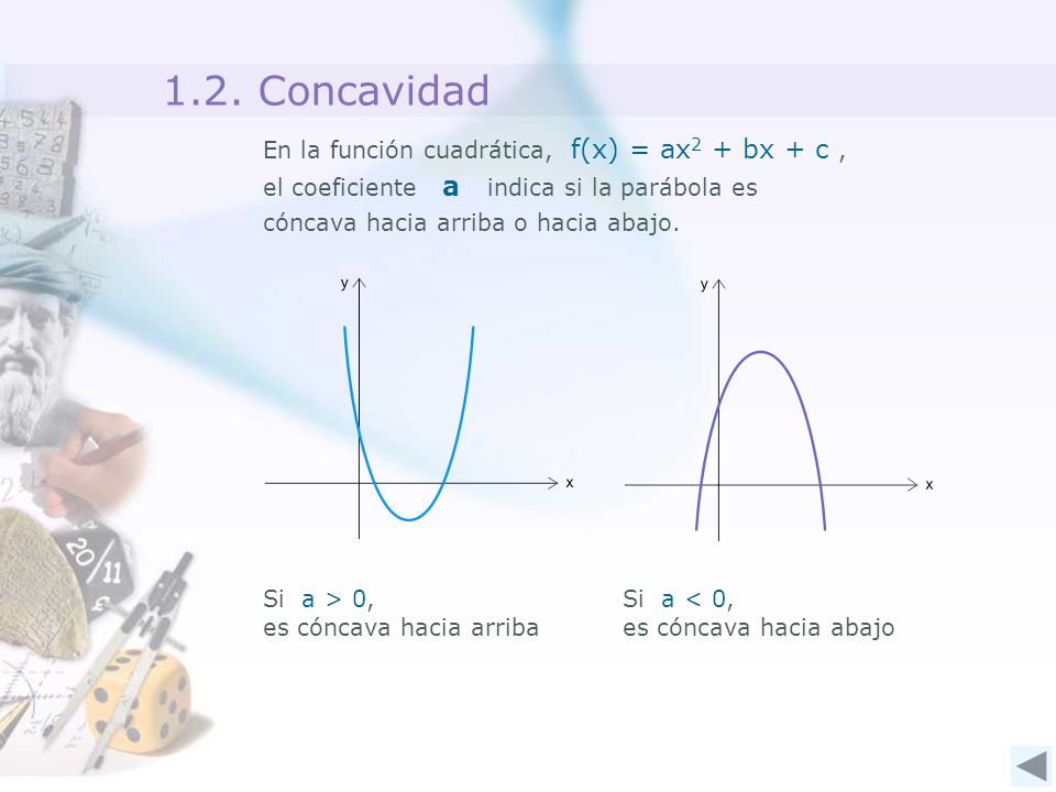 1.2. Concavidad En la función cuadrática, f(x) = ax2 + bx + c , el coeficiente a indica si la parábola es cóncava hacia arriba o hacia abajo.