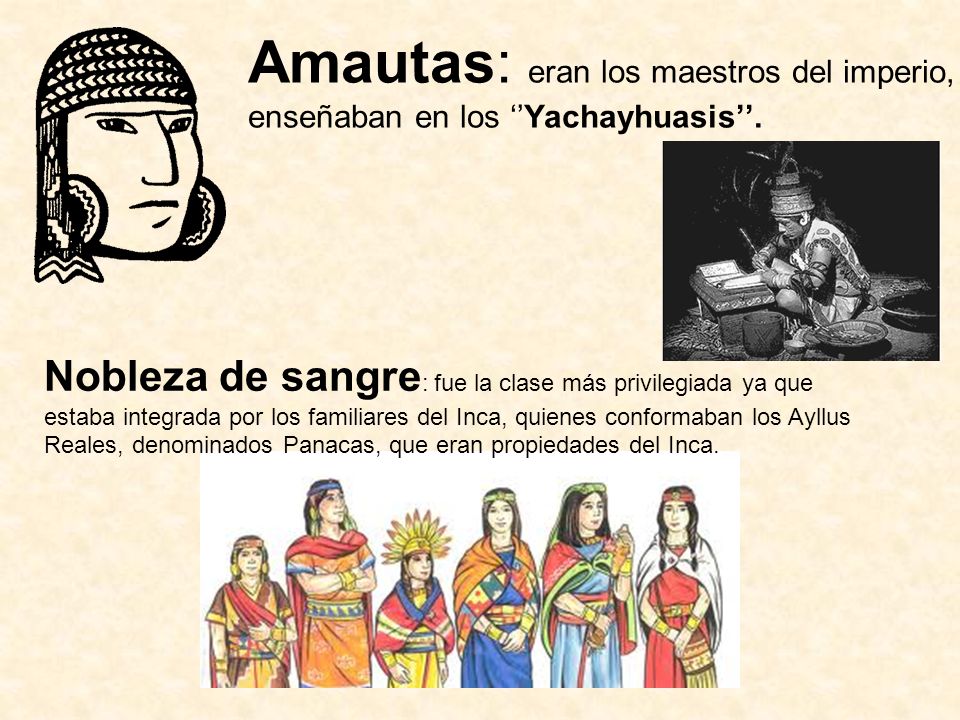 Amautas: eran los maestros del imperio, enseñaban en los ‘’Yachayhuasis’’.