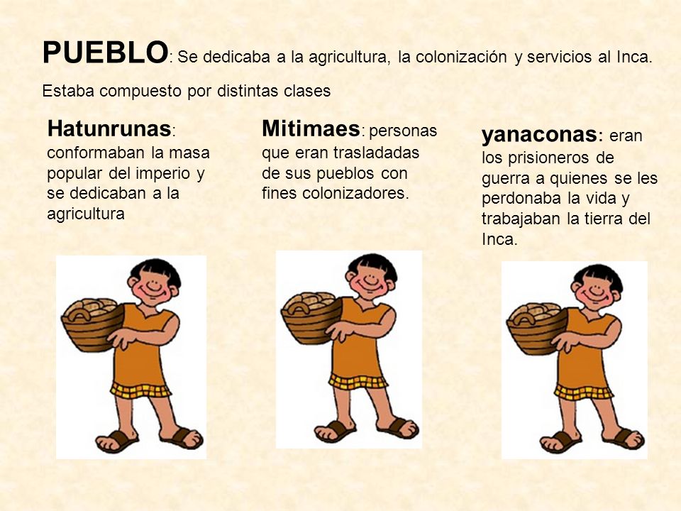 PUEBLO: Se dedicaba a la agricultura, la colonización y servicios al Inca.