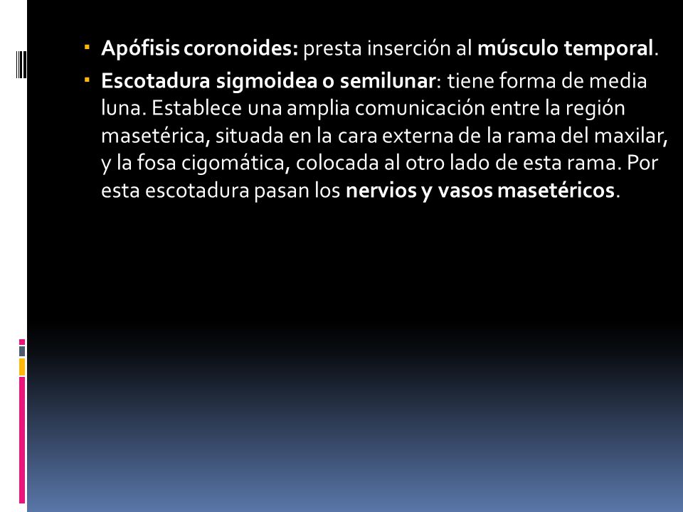 Apófisis coronoides: presta inserción al músculo temporal.