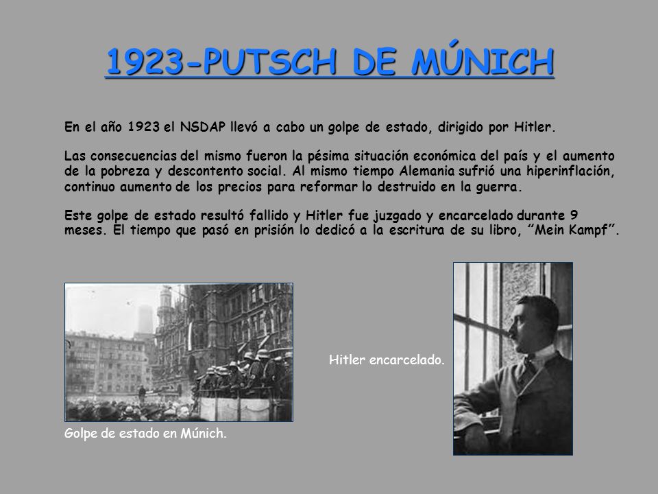 1923-PUTSCH DE MÚNICH En el año 1923 el NSDAP llevó a cabo un golpe de estado, dirigido por Hitler.