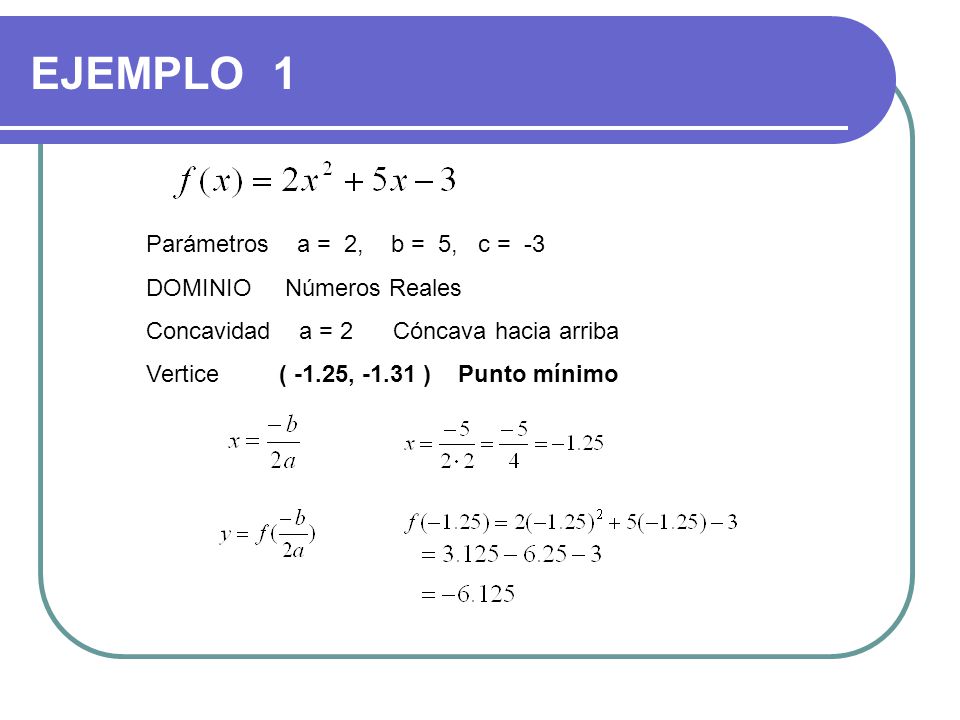 EJEMPLO 1 Parámetros a = 2, b = 5, c = -3 DOMINIO Números Reales