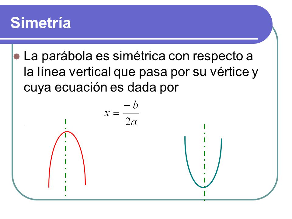 Simetría La parábola es simétrica con respecto a la línea vertical que pasa por su vértice y cuya ecuación es dada por.