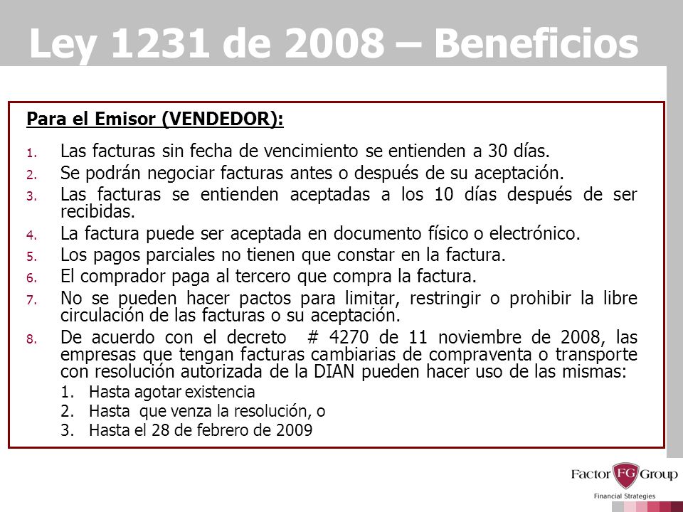 Ley 1231 de 2008 – Beneficios Para el Emisor (VENDEDOR):