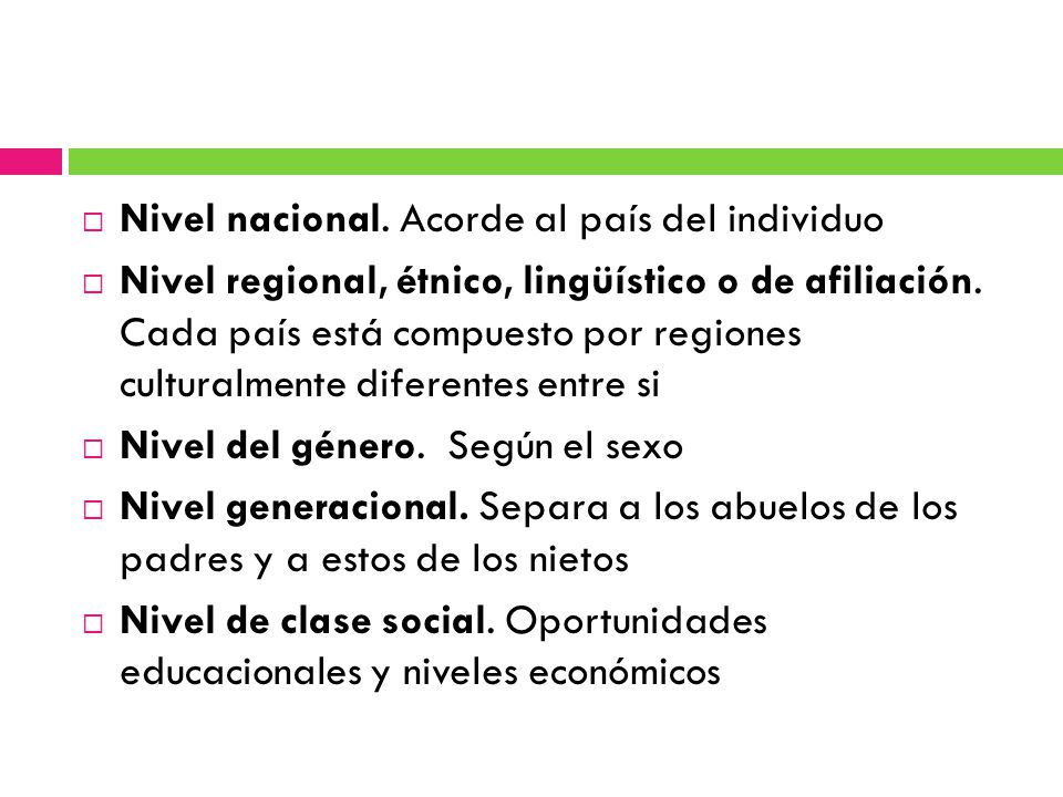 Nivel nacional. Acorde al país del individuo