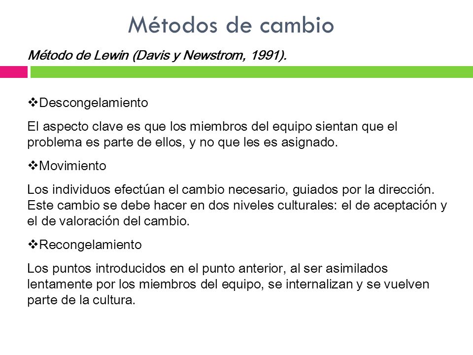 Métodos de cambio Método de Lewin (Davis y Newstrom, 1991).