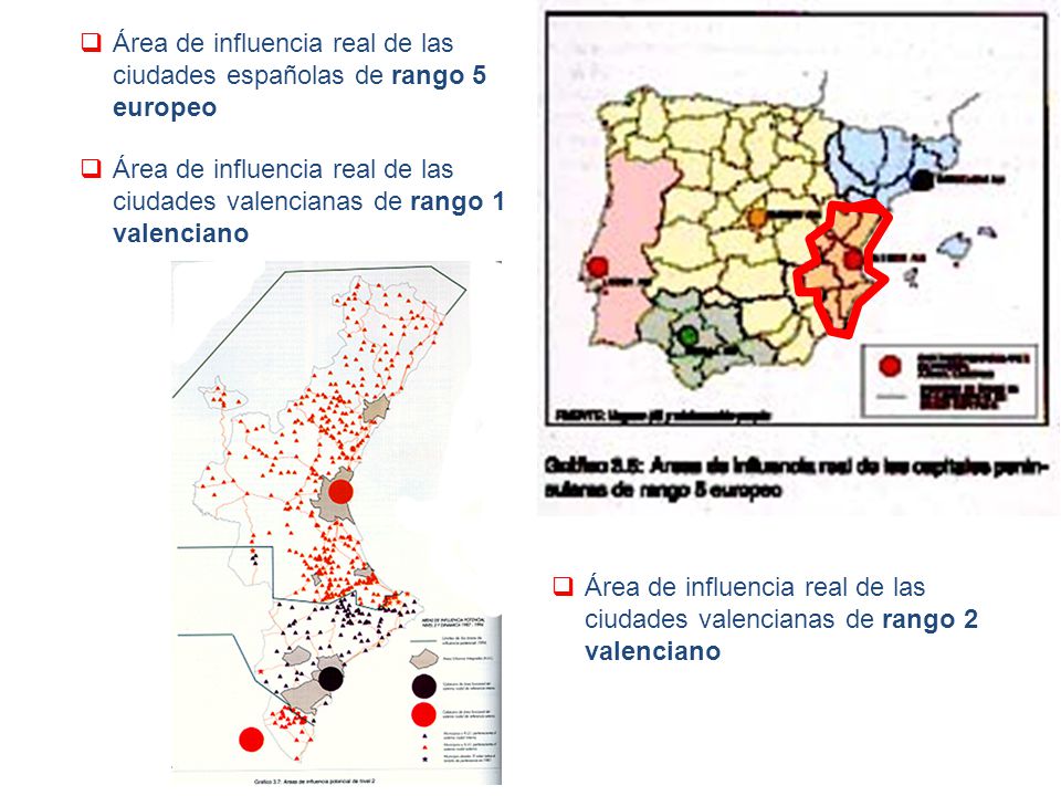 Área de influencia real de las ciudades españolas de rango 5 europeo