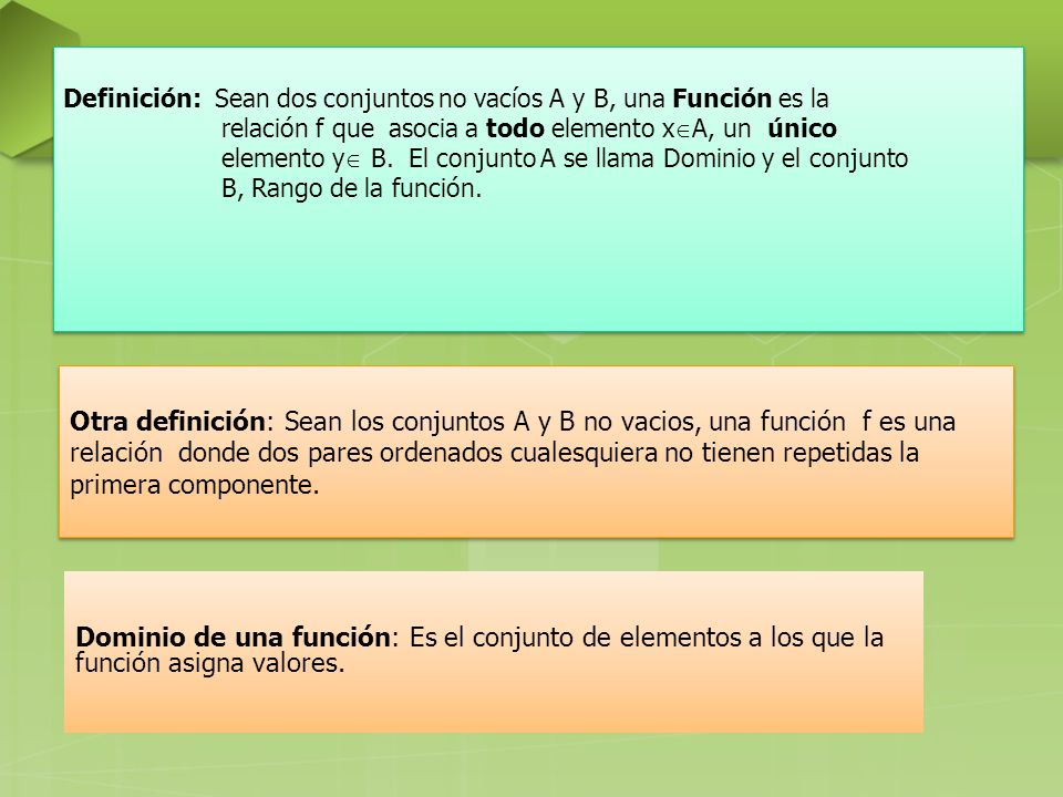 Definición: Sean dos conjuntos no vacíos A y B, una Función es la