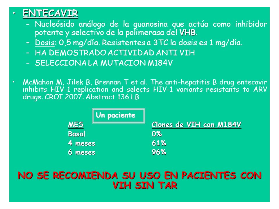 NO SE RECOMIENDA SU USO EN PACIENTES CON VIH SIN TAR