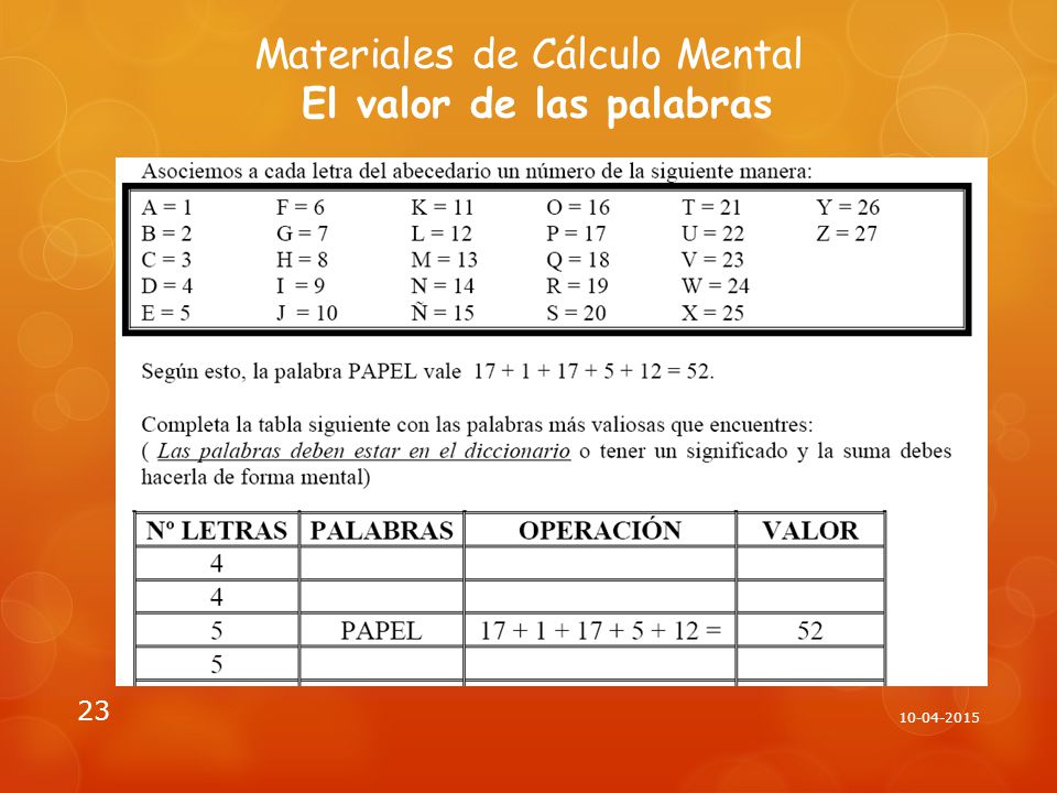 Materiales de Cálculo Mental El valor de las palabras