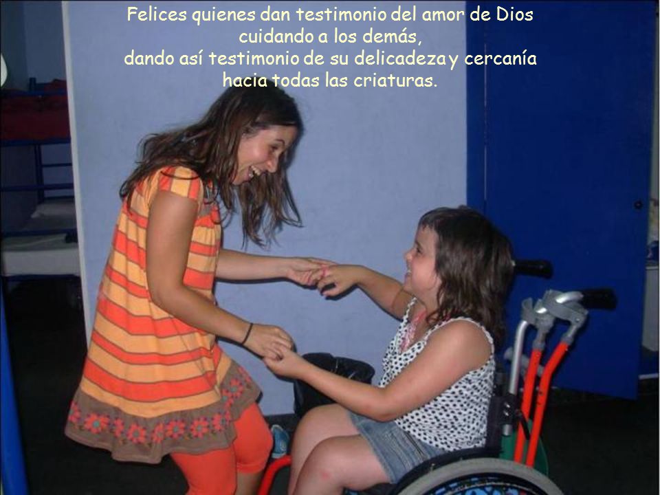 Felices quienes dan testimonio del amor de Dios cuidando a los demás, dando así testimonio de su delicadeza y cercanía hacia todas las criaturas.