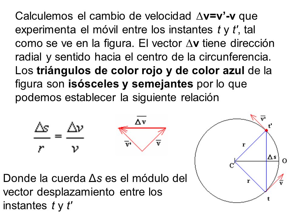 Calculemos el cambio de velocidad Δv=v’-v que experimenta el móvil entre los instantes t y t , tal como se ve en la figura. El vector Δv tiene dirección radial y sentido hacia el centro de la circunferencia. Los triángulos de color rojo y de color azul de la figura son isósceles y semejantes por lo que podemos establecer la siguiente relación