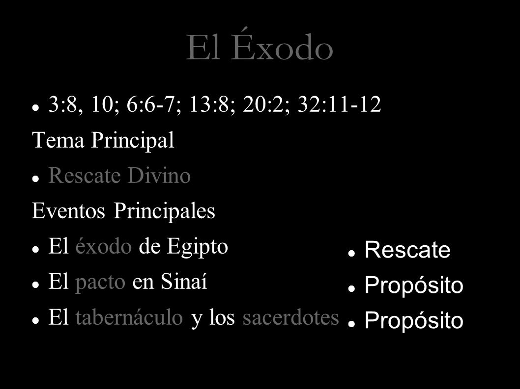 El Éxodo 3:8, 10; 6:6-7; 13:8; 20:2; 32:11-12 Tema Principal