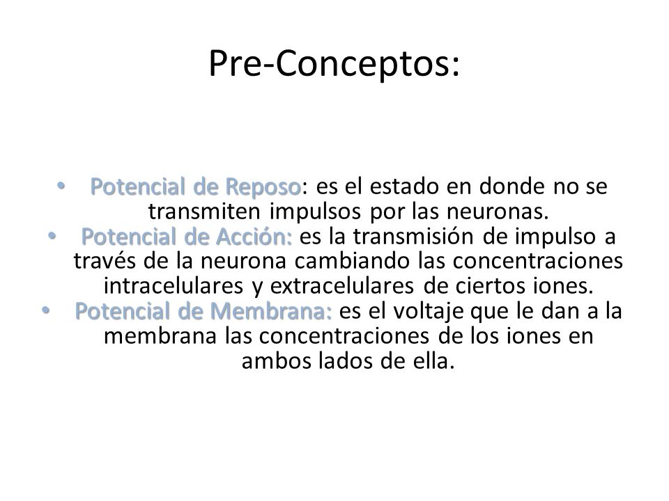 Pre-Conceptos: Potencial de Reposo: es el estado en donde no se transmiten impulsos por las neuronas.