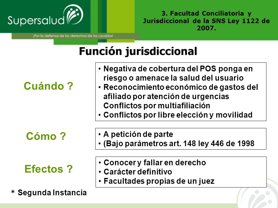3. Facultad Conciliatoria y Jurisdiccional de la SNS Ley 1122 de 2007.