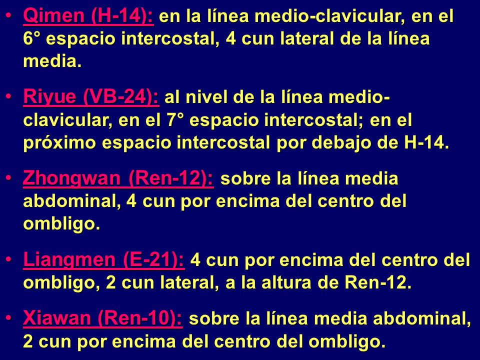Qimen (H-14): en la línea medio-clavicular, en el 6° espacio intercostal, 4 cun lateral de la línea media.