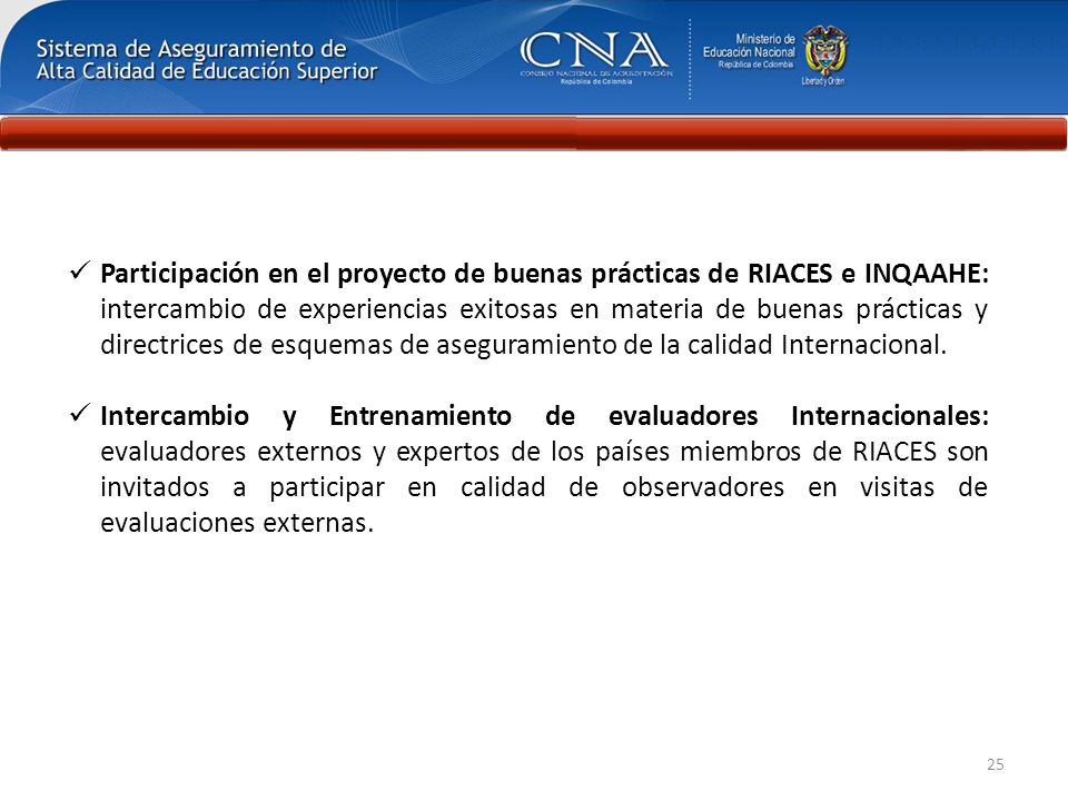 Participación en el proyecto de buenas prácticas de RIACES e INQAAHE: intercambio de experiencias exitosas en materia de buenas prácticas y directrices de esquemas de aseguramiento de la calidad Internacional.