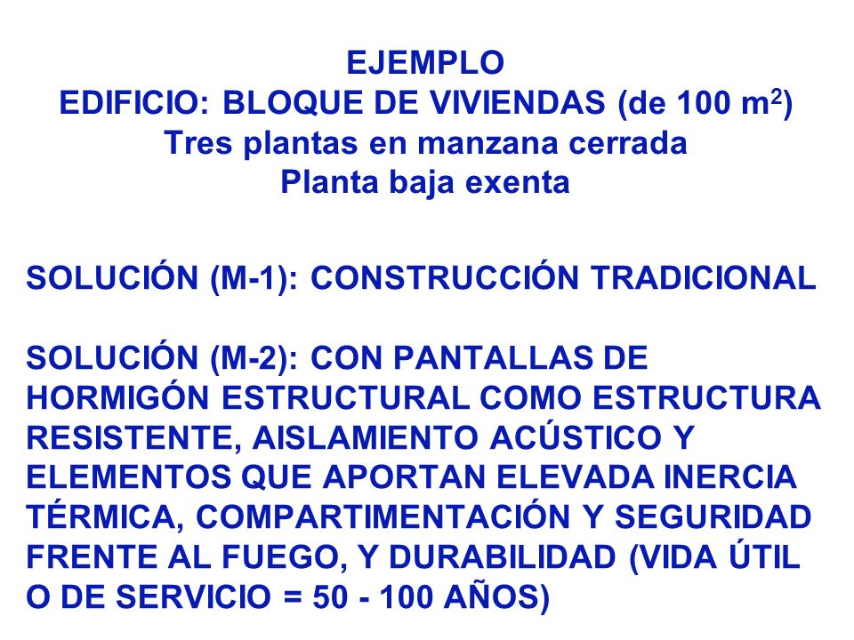 EJEMPLO EDIFICIO: BLOQUE DE VIVIENDAS (de 100 m2) Tres plantas en manzana cerrada Planta baja exenta