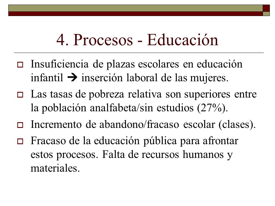 4. Procesos - Educación Insuficiencia de plazas escolares en educación infantil  inserción laboral de las mujeres.