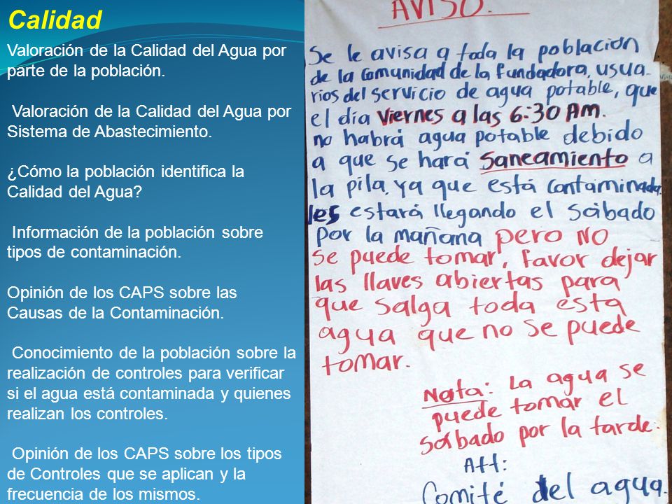 Calidad Valoración de la Calidad del Agua por parte de la población.