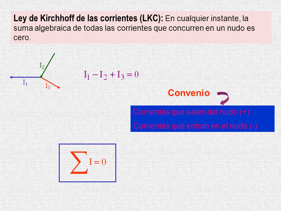 Ley de Kirchhoff de las corrientes (LKC): En cualquier instante, la suma algebraica de todas las corrientes que concurren en un nudo es cero.