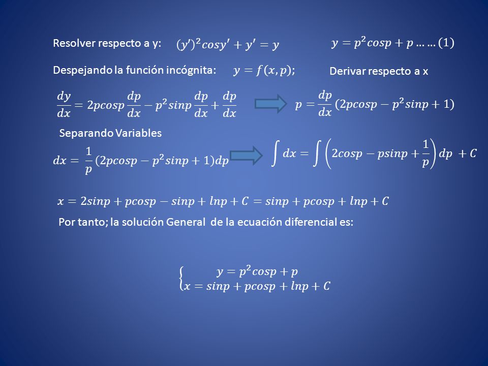 Resolver respecto a y: 𝑦′ 2 𝑐𝑜𝑠 𝑦 ′ + 𝑦 ′ =𝑦. 𝑦= 𝑝 2 𝑐𝑜𝑠𝑝+𝑝……(1) Despejando la función incógnita: