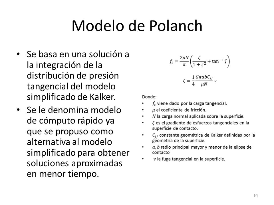 Modelo de Polanch Se basa en una solución a la integración de la distribución de presión tangencial del modelo simplificado de Kalker.