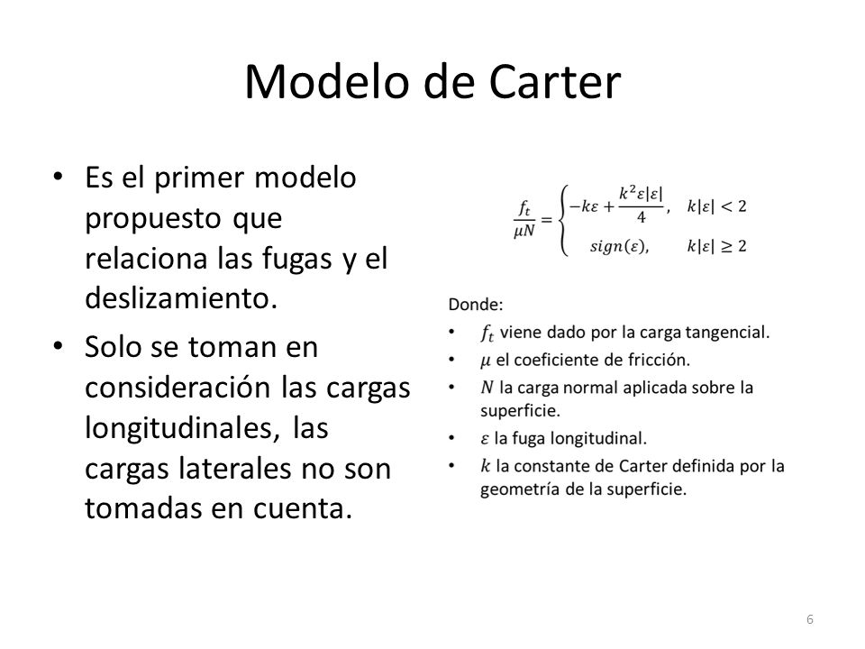 Modelo de Carter Es el primer modelo propuesto que relaciona las fugas y el deslizamiento.