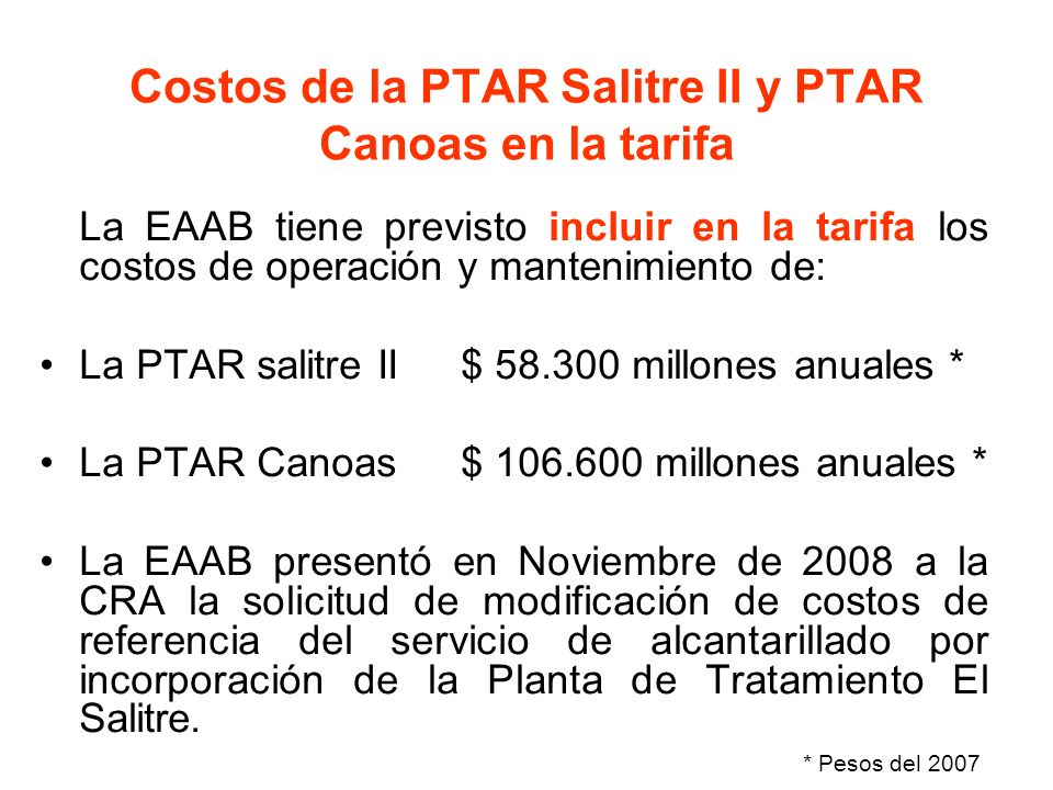 Costos de la PTAR Salitre II y PTAR Canoas en la tarifa