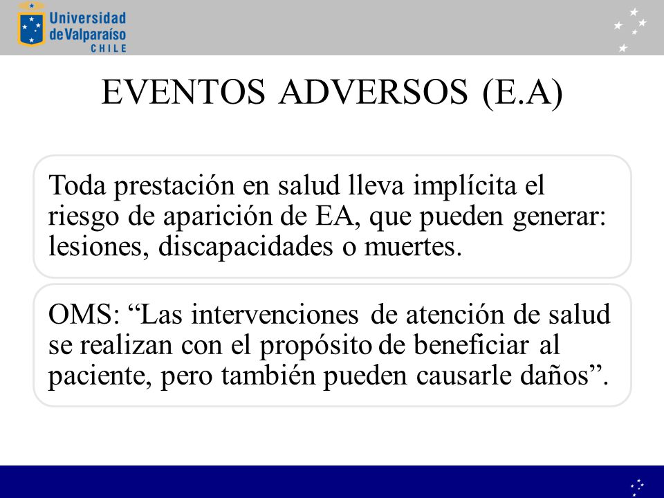 EVENTOS ADVERSOS (E.A) Toda prestación en salud lleva implícita el riesgo de aparición de EA, que pueden generar: lesiones, discapacidades o muertes.