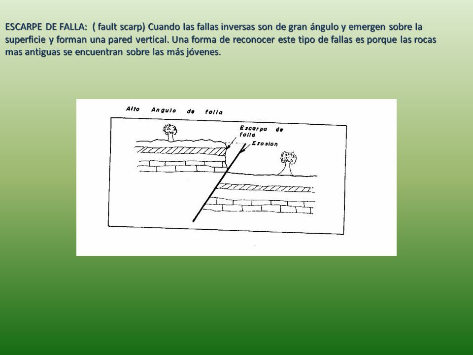ESCARPE DE FALLA: ( fault scarp) Cuando las fallas inversas son de gran ángulo y emergen sobre la superficie y forman una pared vertical.