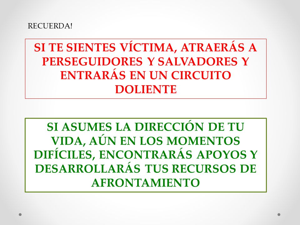 RECUERDA! SI TE SIENTES VÍCTIMA, ATRAERÁS A PERSEGUIDORES Y SALVADORES Y ENTRARÁS EN UN CIRCUITO DOLIENTE.