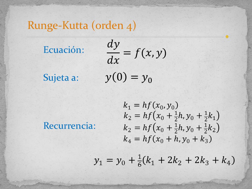 Runge-Kutta (orden 4) 𝑑𝑦 𝑑𝑥 =𝑓(𝑥,𝑦) 𝑦 0 = 𝑦 0 Ecuación: Sujeta a: