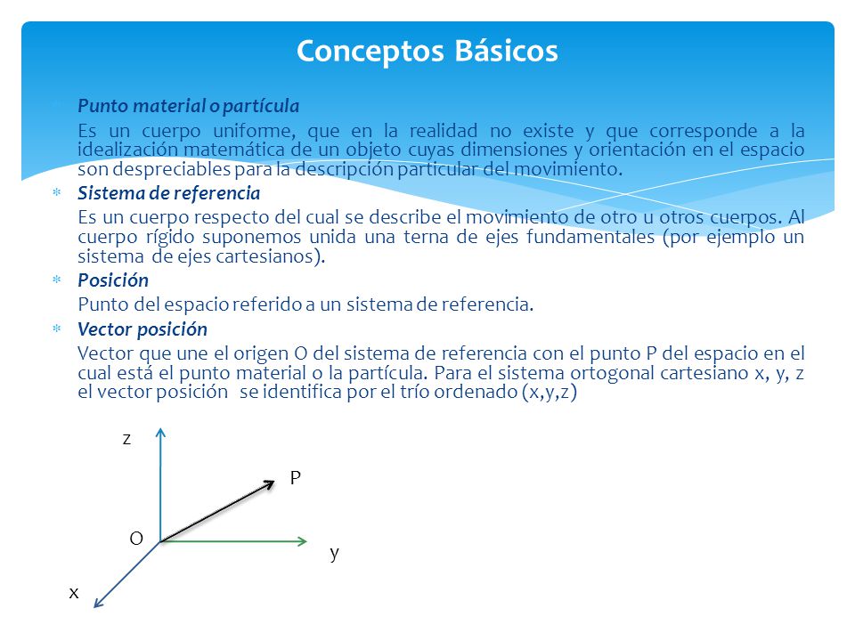 Conceptos Básicos z P O y x Punto material o partícula
