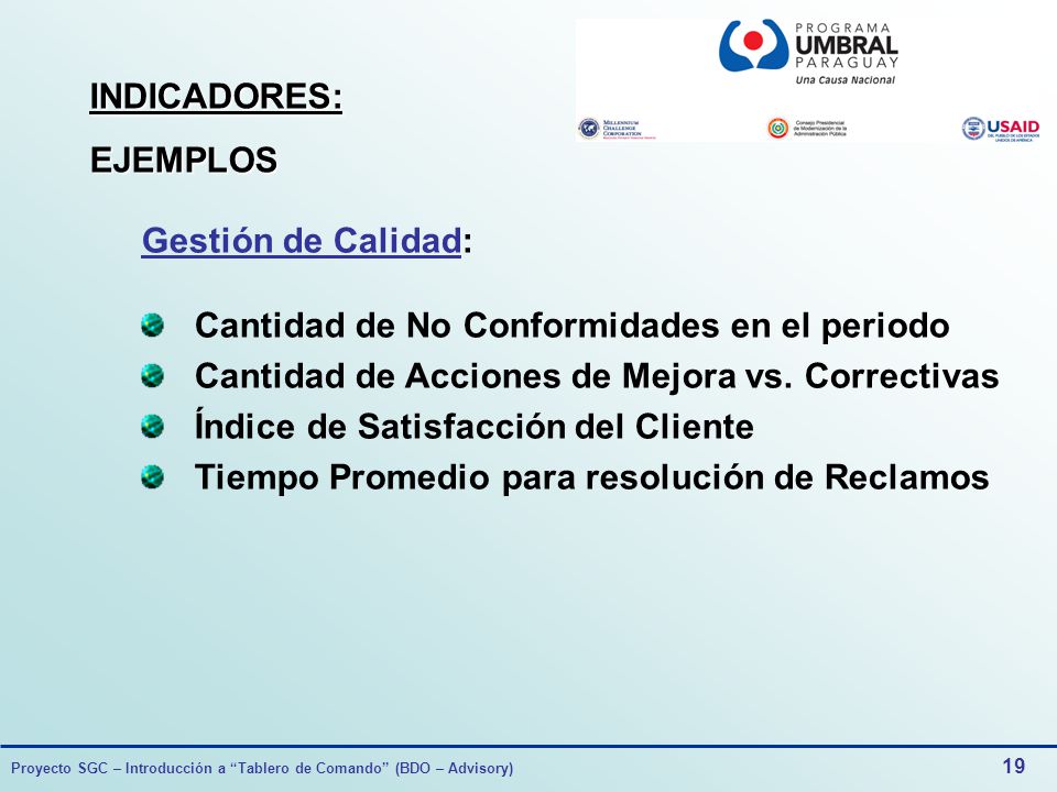 INDICADORES: EJEMPLOS. Gestión de Calidad: Cantidad de No Conformidades en el periodo. Cantidad de Acciones de Mejora vs. Correctivas.
