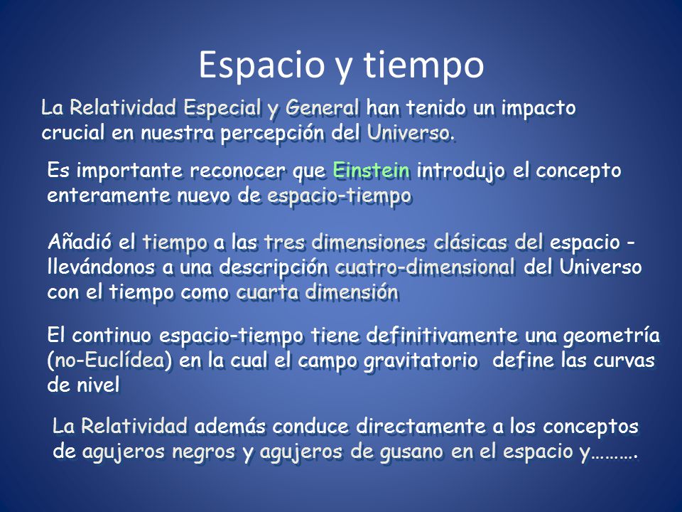 Espacio y tiempo La Relatividad Especial y General han tenido un impacto crucial en nuestra percepción del Universo.
