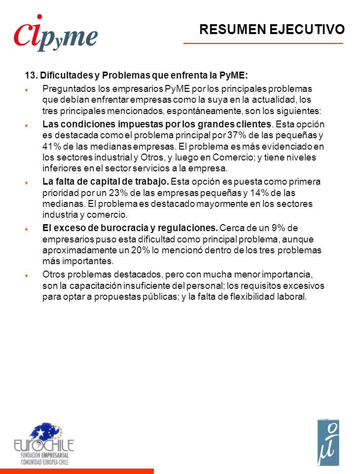 RESUMEN EJECUTIVO 13. Dificultades y Problemas que enfrenta la PyME: