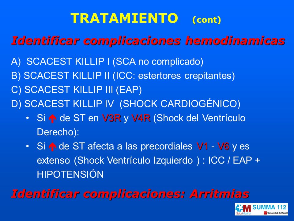TRATAMIENTO (cont) Identificar complicaciones hemodinamicas