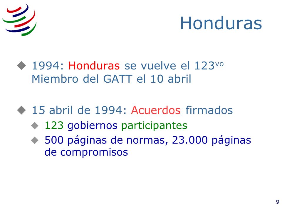 3/25/2017 Honduras. 1994: Honduras se vuelve el 123vo Miembro del GATT el 10 abril. 15 abril de 1994: Acuerdos firmados.