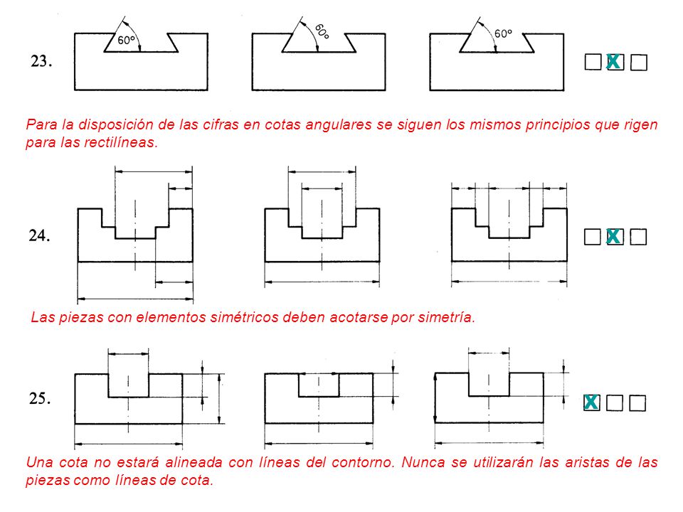 X Para la disposición de las cifras en cotas angulares se siguen los mismos principios que rigen para las rectilíneas.