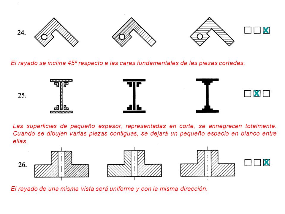 X El rayado se inclina 45º respecto a las caras fundamentales de las piezas cortadas. X.