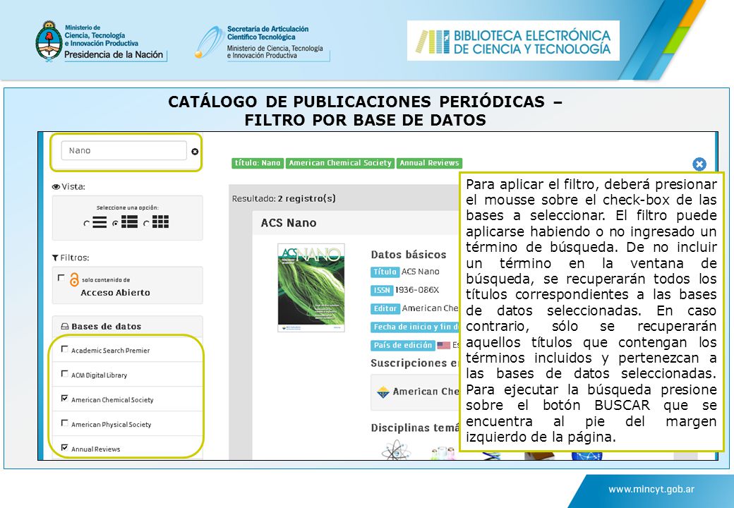 CATÁLOGO DE PUBLICACIONES PERIÓDICAS – FILTRO POR BASE DE DATOS