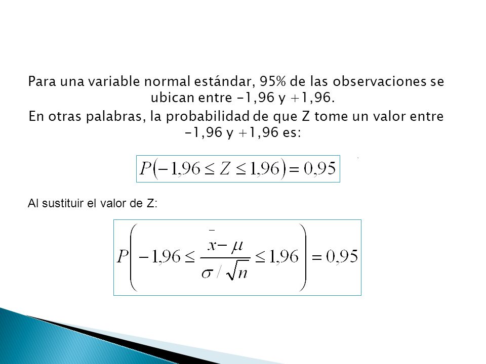 Para una variable normal estándar, 95% de las observaciones se ubican entre -1,96 y +1,96.