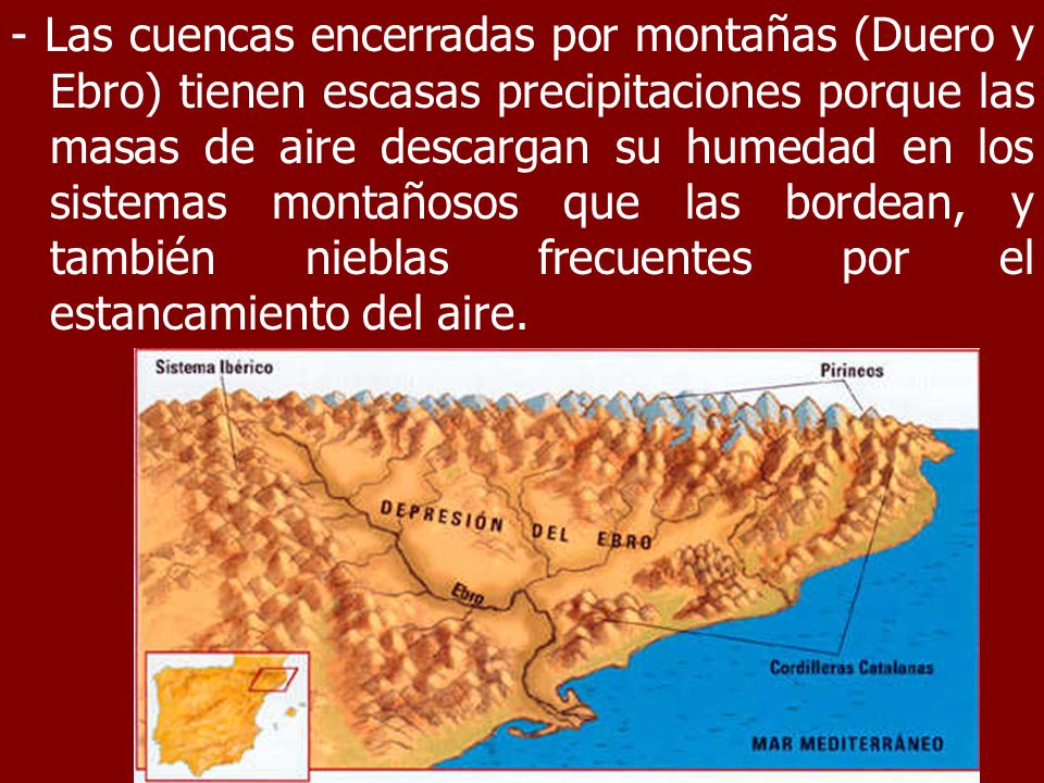 - Las cuencas encerradas por montañas (Duero y Ebro) tienen escasas precipitaciones porque las masas de aire descargan su humedad en los sistemas montañosos que las bordean, y también nieblas frecuentes por el estancamiento del aire.