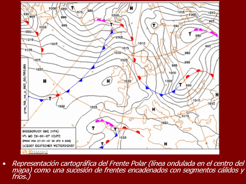 Representación cartográfica del Frente Polar (línea ondulada en el centro del mapa) como una sucesión de frentes encadenados con segmentos cálidos y fríos.)