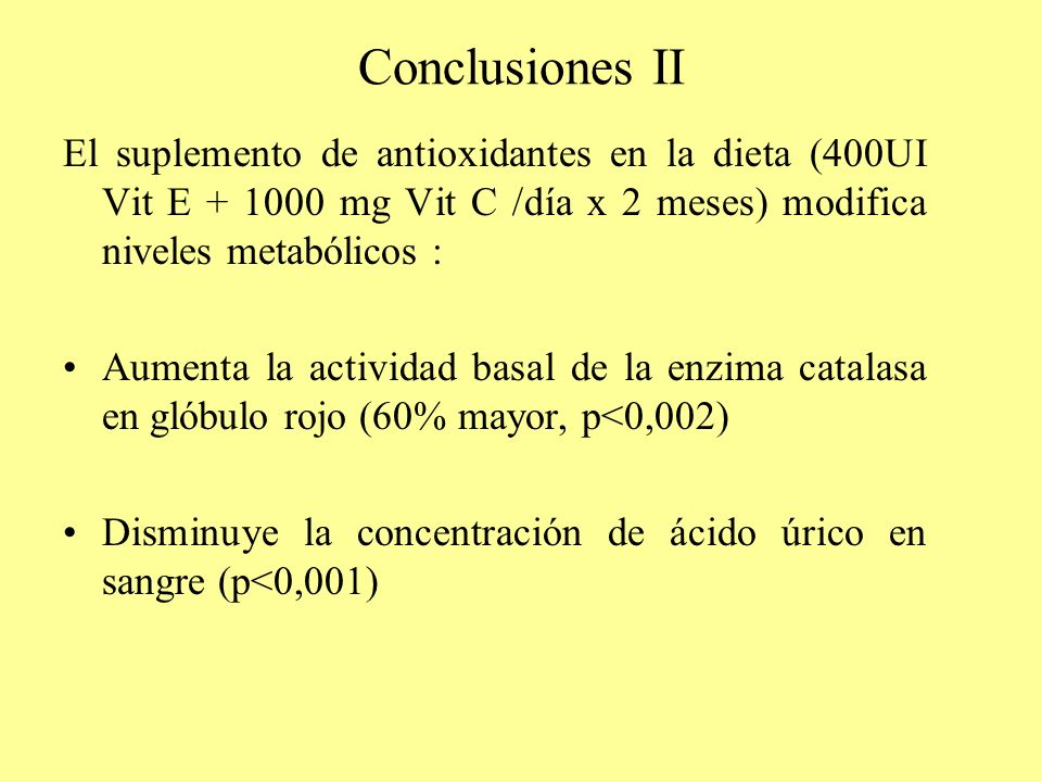 Conclusiones II El suplemento de antioxidantes en la dieta (400UI Vit E mg Vit C /día x 2 meses) modifica niveles metabólicos :